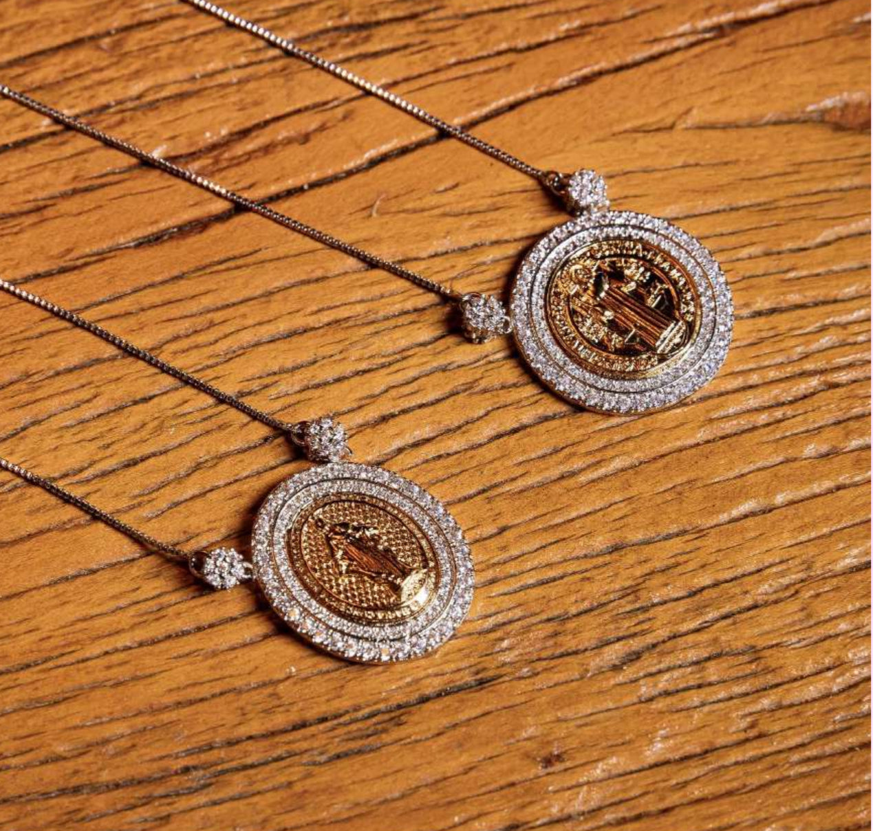 NECKLACE MEDAL RELIGIOUS DUO PLATED CRYSTALS