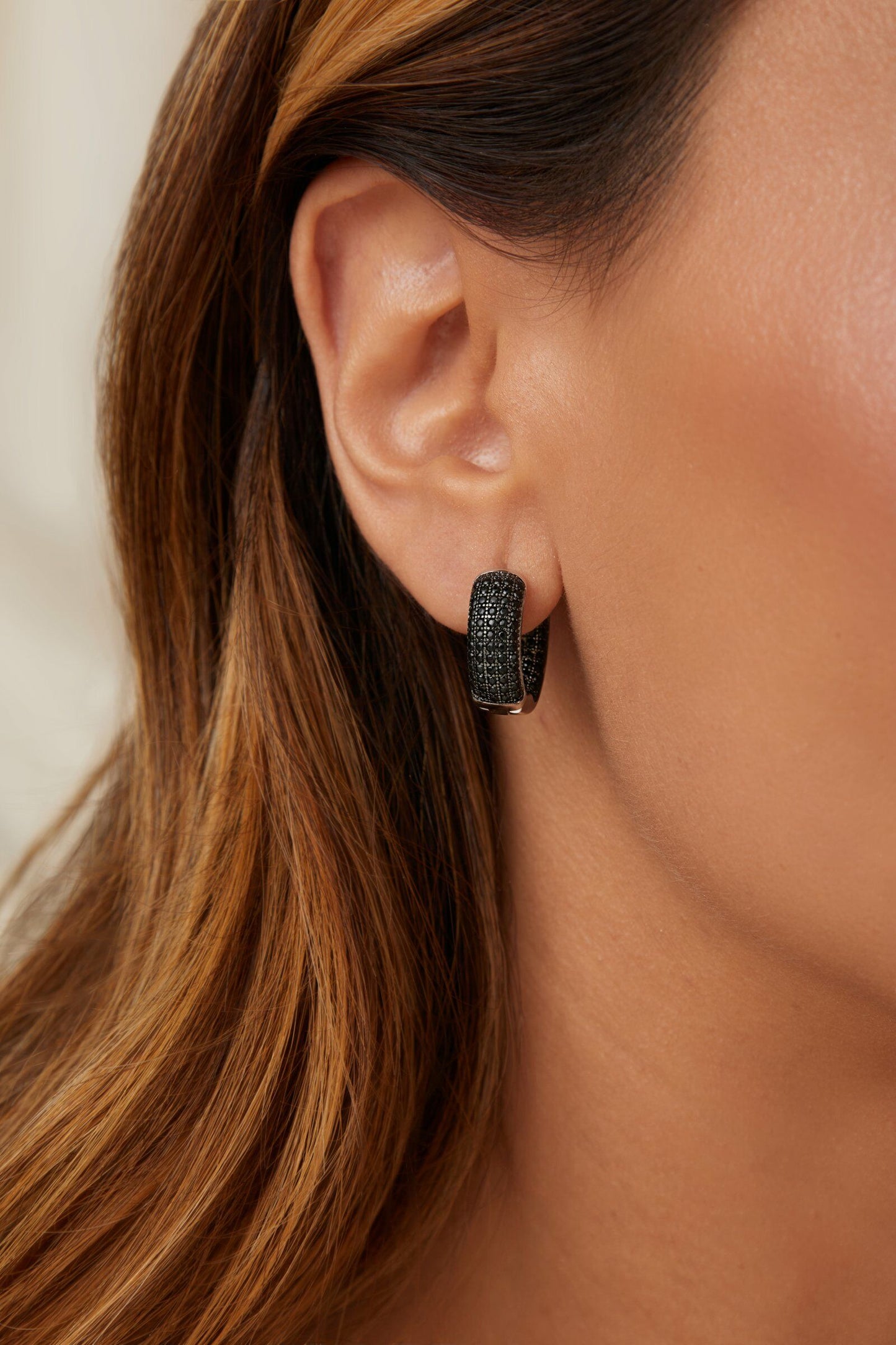 EARRING HOOPS STUDDED BLACK CUBIC ZIRCONIA
