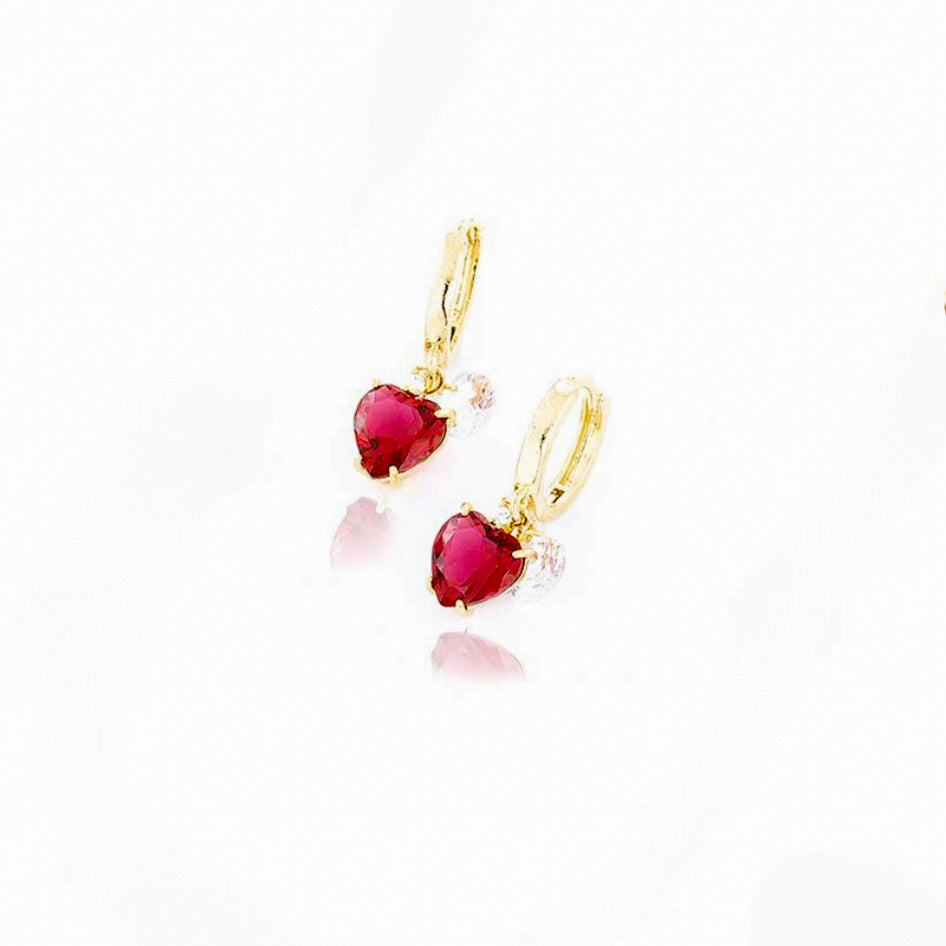 EARRING HOOPS RUBY COLOR CRYSTAL HEART + CUBIC ZIRCON