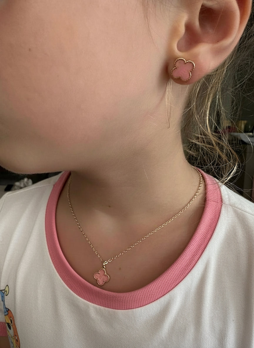 NECKLACE +EARRING PINK CLOVER FOR KIDS