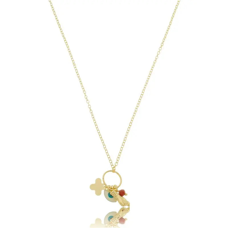 NECKLACE TALISMAN - Greek eye, fig hand, red crystal, and clover