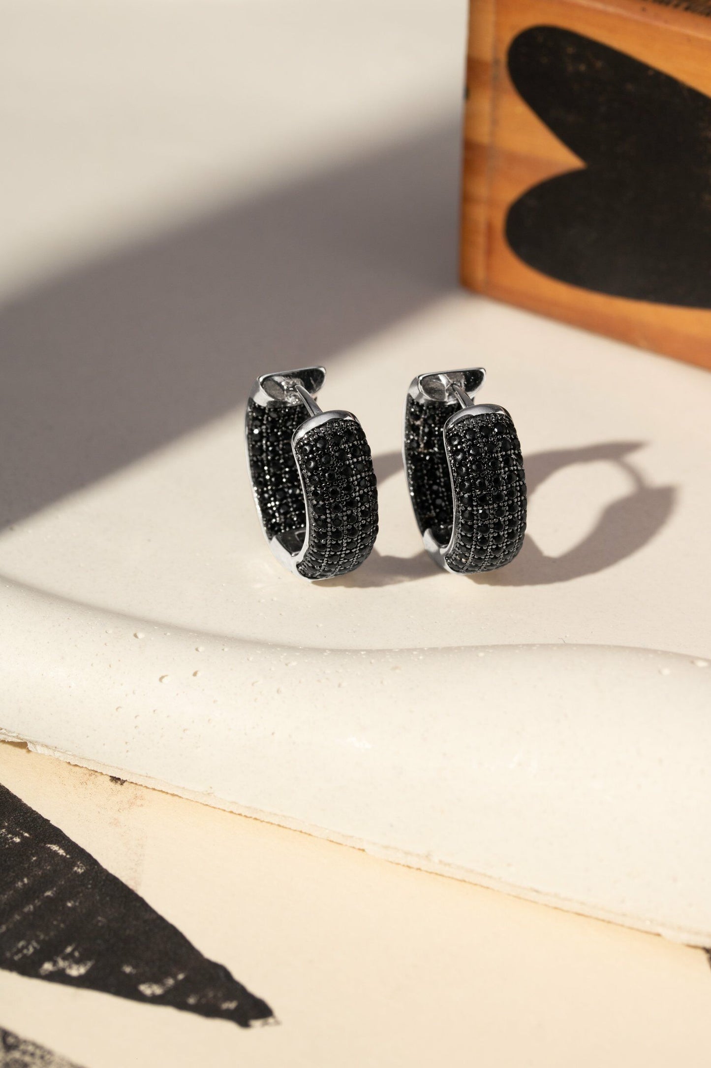 EARRING HOOPS STUDDED BLACK CUBIC ZIRCONIA