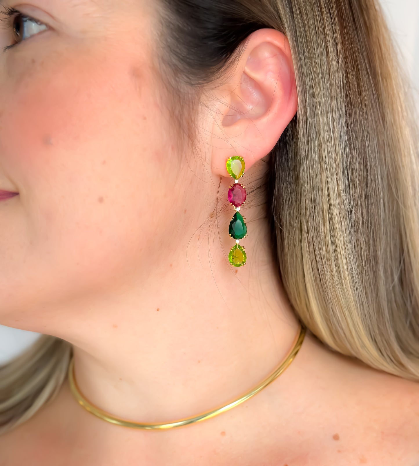 EARRING LONG 4 COLORS CRYSTALS GREEN/FUCSIA