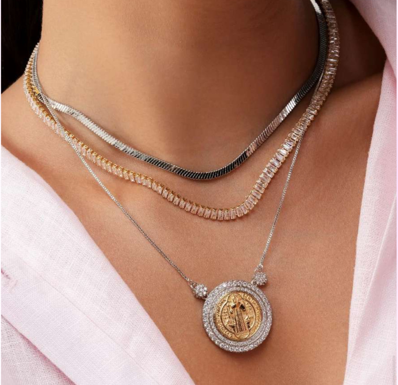 NECKLACE MEDAL RELIGIOUS DUO PLATED CRYSTALS