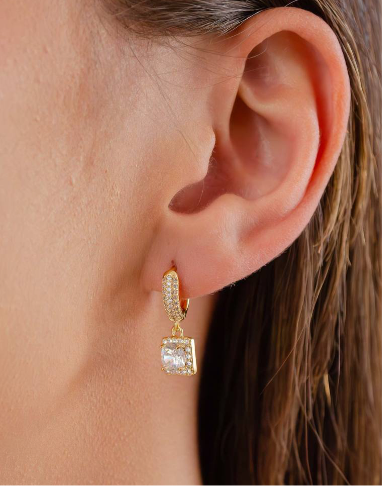 EARRING HOOPS STUDDED SQUARE BOX CUBIC ZIRCONIA