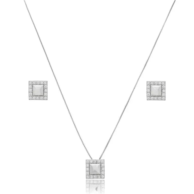 NECKLACE+EARRINGS SET SQUARE STUDDED CUBIC ZIRCONIA