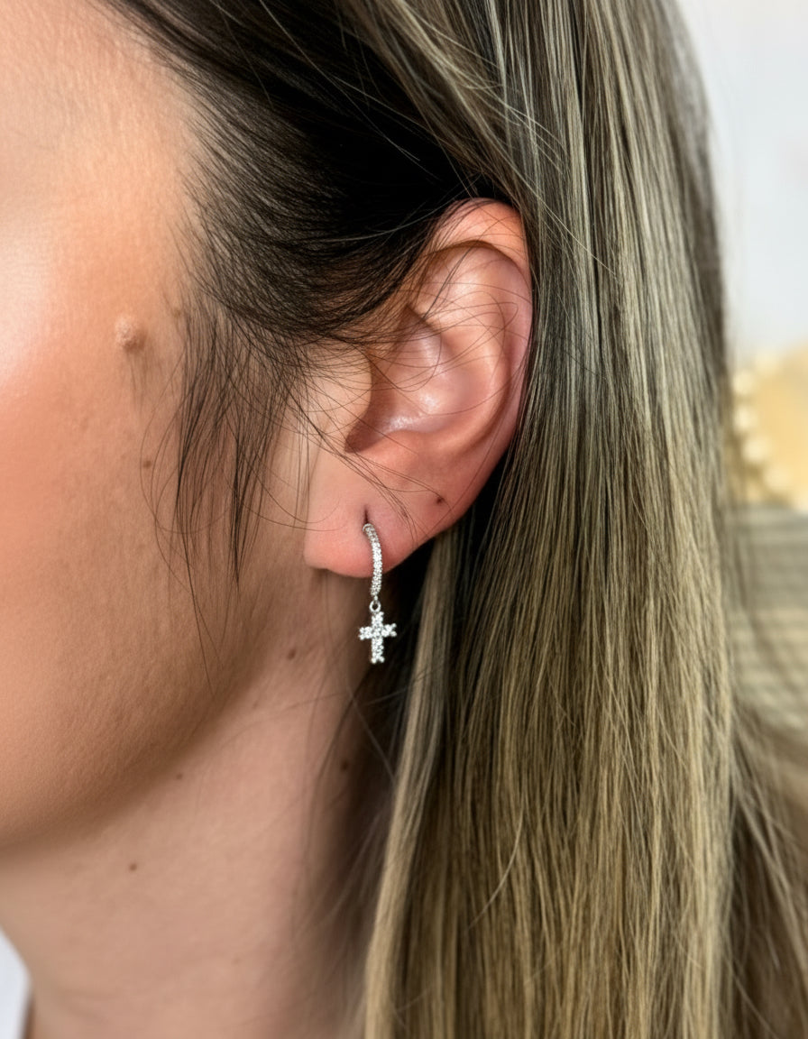 EARRING HOOPS CROSS STUDDED CUBIC ZIRCONIA