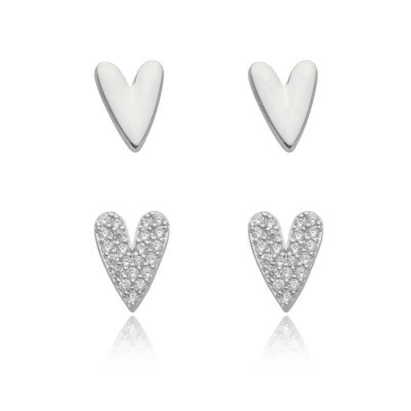 DUO EARRINGS SET HEART PLAIN + CRYSTALS
