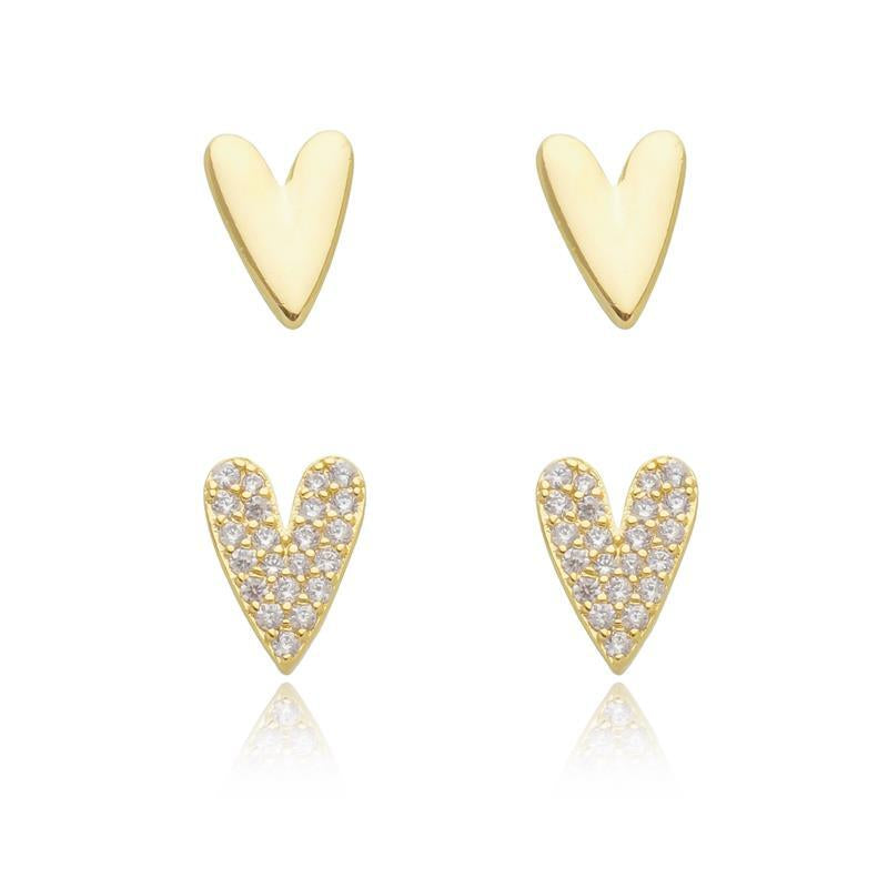 DUO EARRINGS SET HEART PLAIN + CRYSTALS