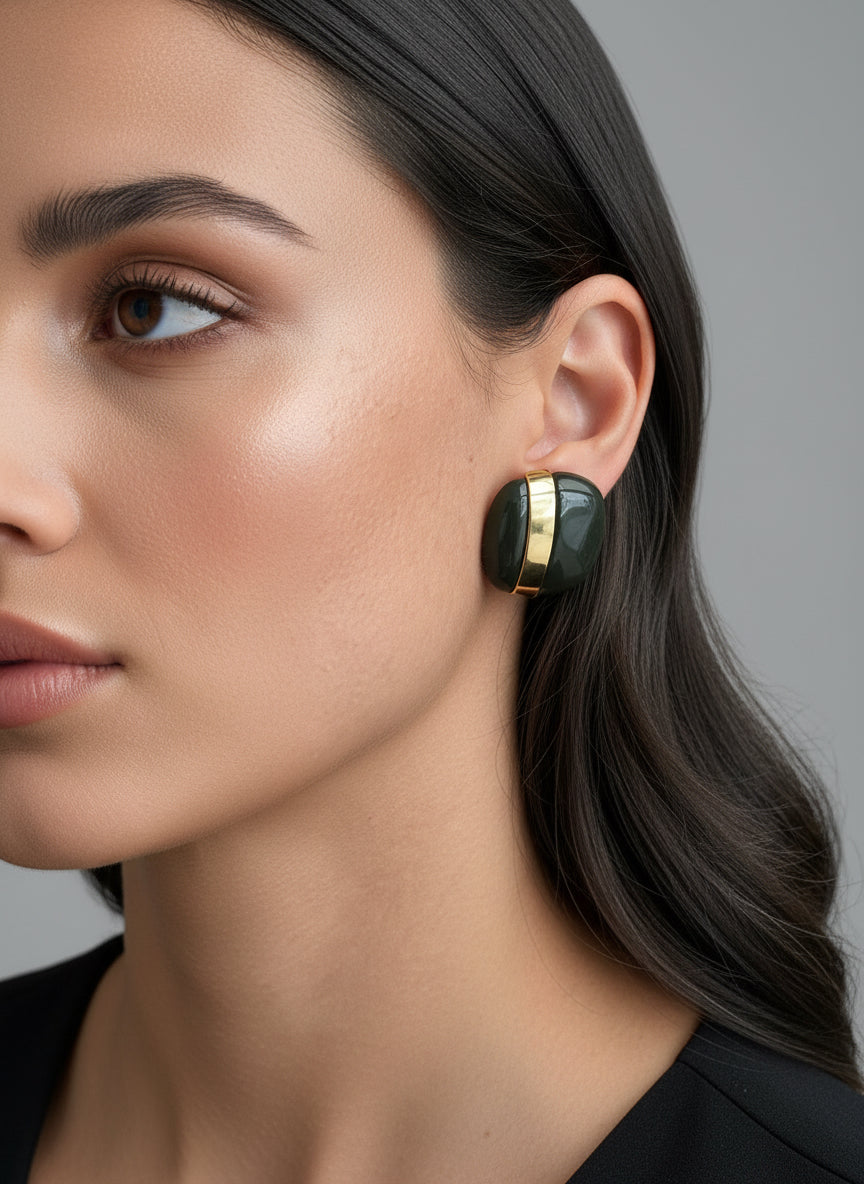 EARRINGS MAXI SQUARE BUTTON DARK GREEN RESIN WITH GOLD STRIPE