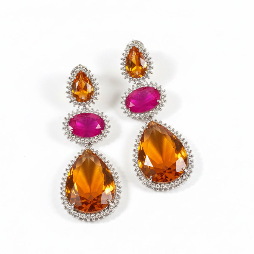 EARRINGS GLAM AMBER ORANGE PINK FUCSIA CRYSTALS