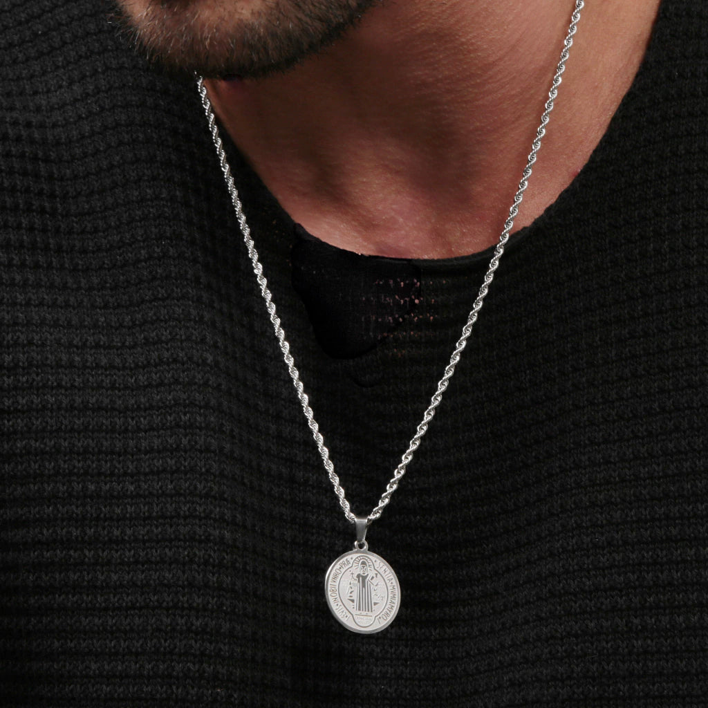 NECKLACE TWISTED CHAIN STAINLEES STEEL ST BENEDICT PENDANT FOR MEN
