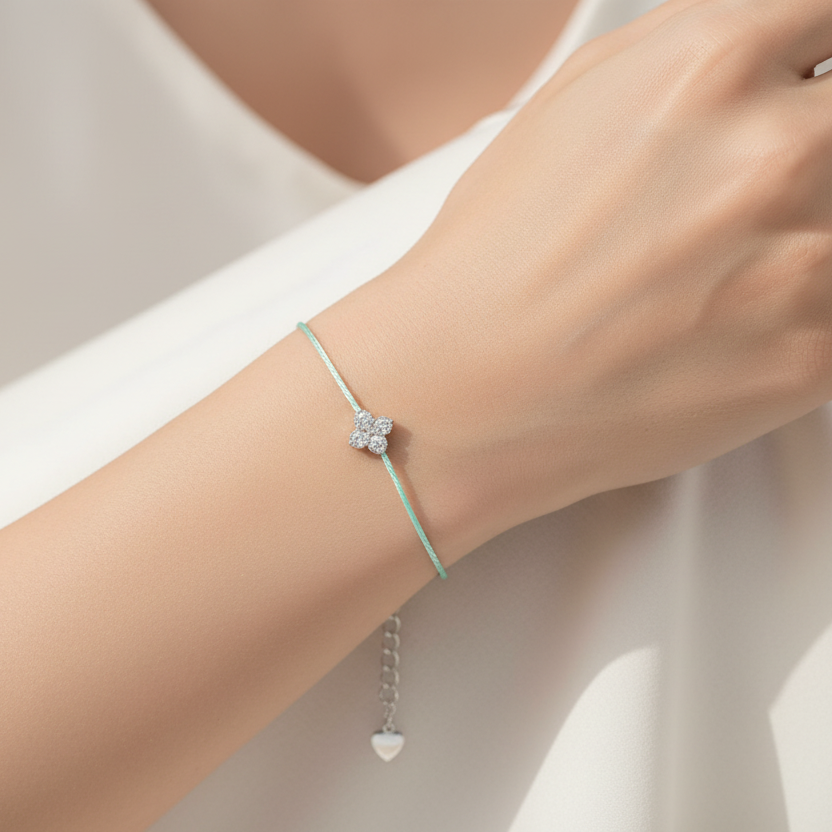 BRACELET BLUE SKY STRING MOISSANITE CLOVER 2.5MM