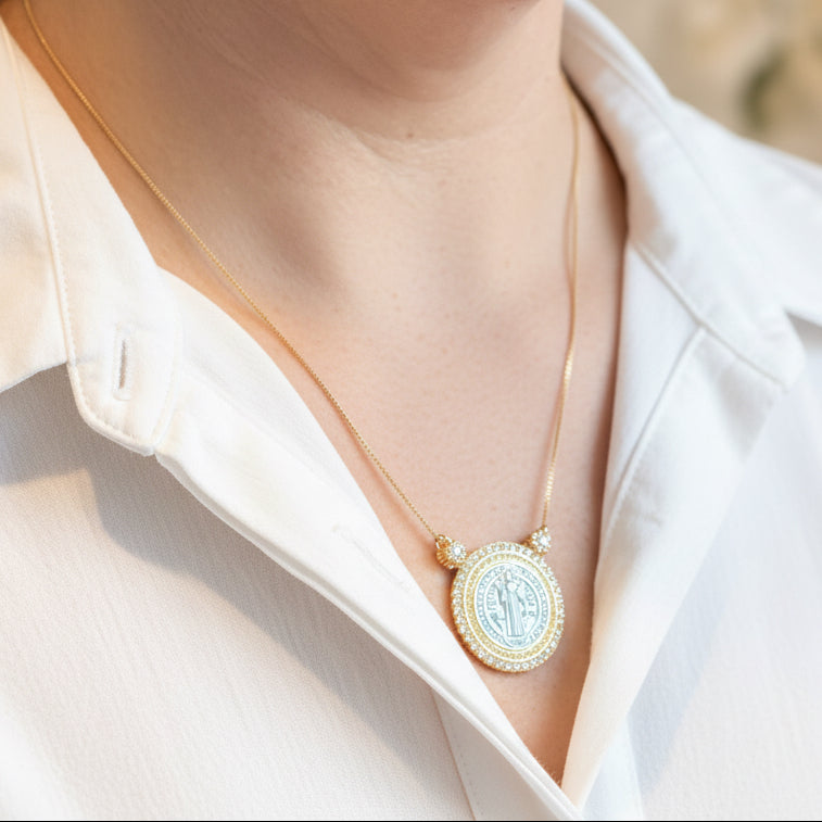 NECKLACE ST BENEDICT MEDAL DUO PLATED