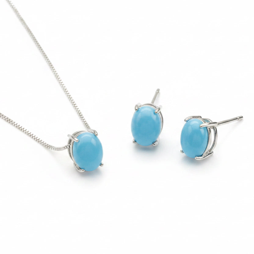 EARRINGS+NECKLACE JEWELRY SET OVAL TURQUOISE BLUE