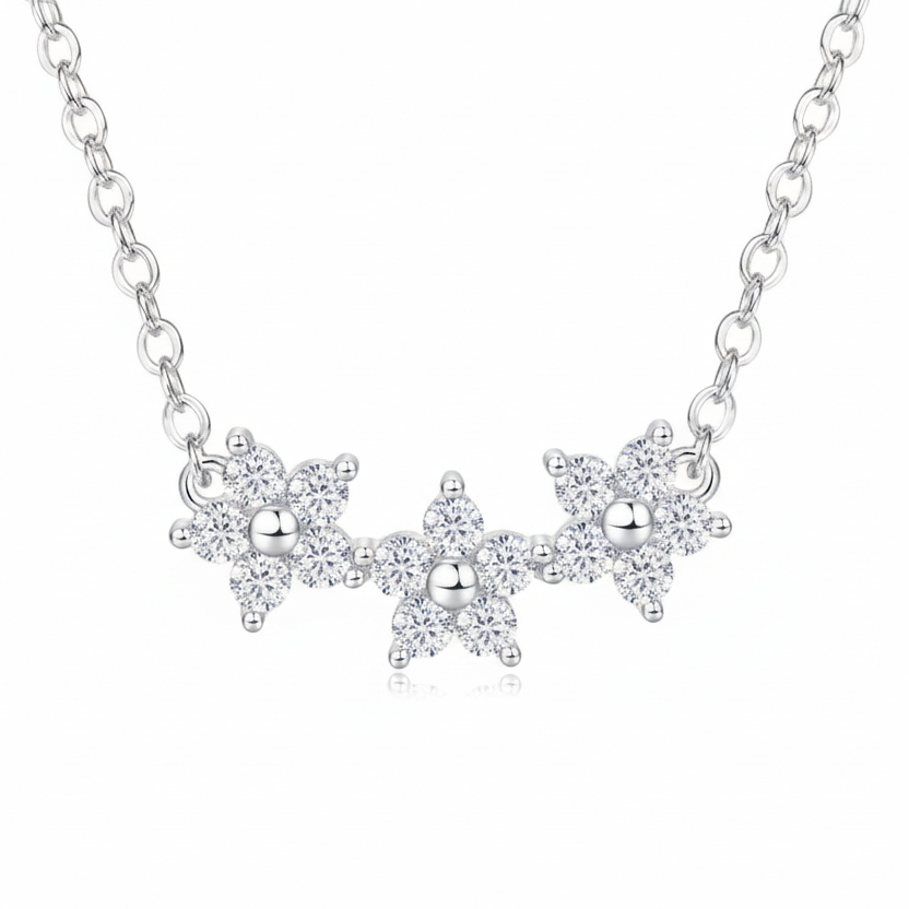 NECKLACE MOISSANITES 3 FLOWERS 2mm