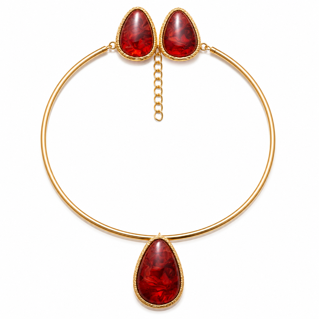 EARRINGS+NECKLACE RESIN RED MARBLE