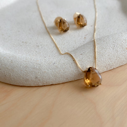 EARRING + NECKLACE SET COFFEE BROWN TEAR DROP CRYSTAL