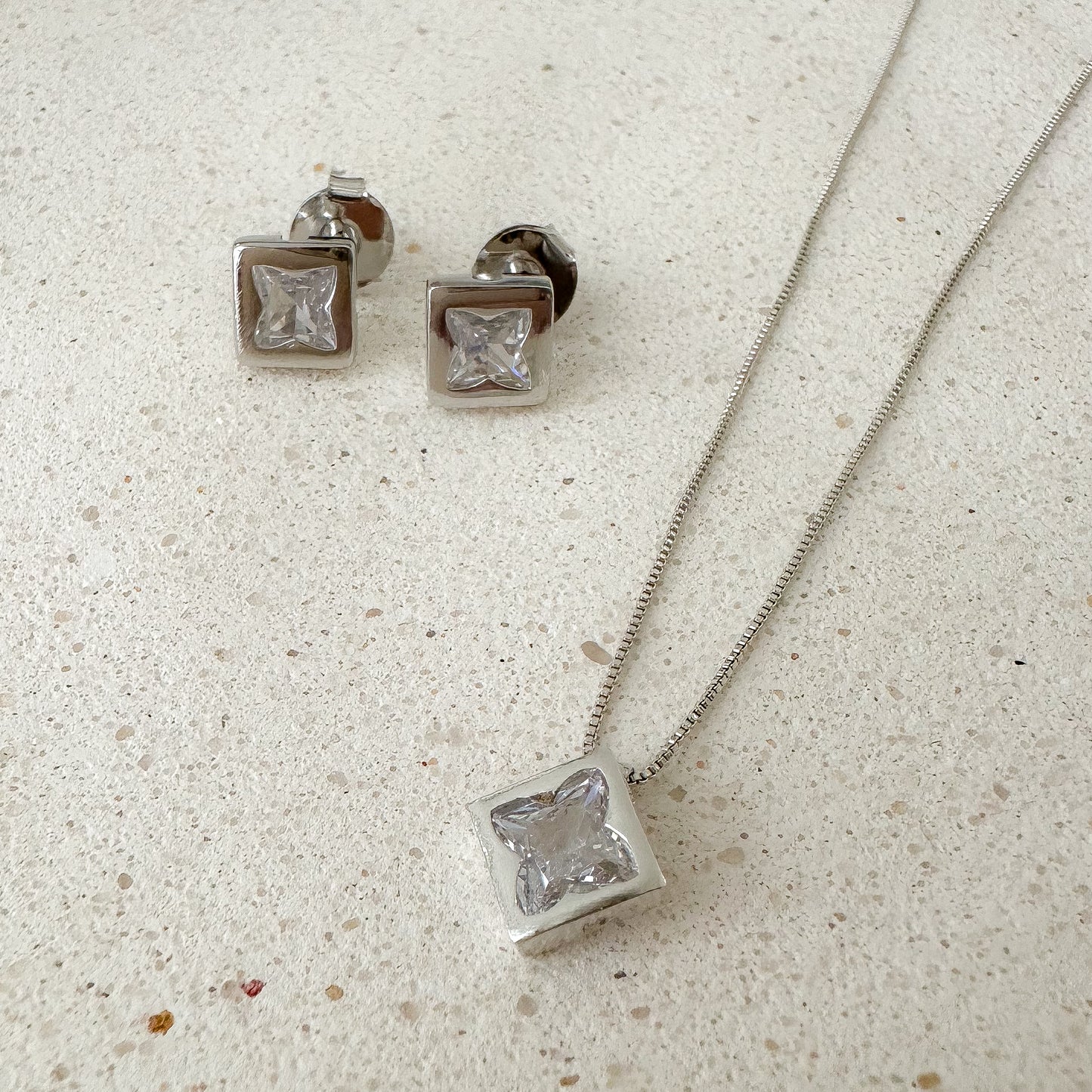 NECKLACE+EARRINGS SET SQUARE CLOVER CUBIC ZIRCONIA