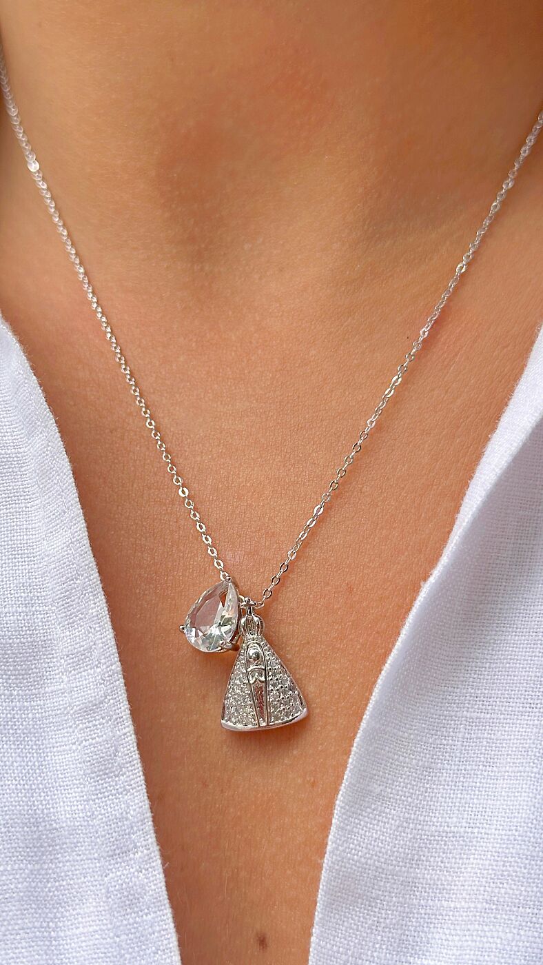 NECKLACE OUR LADY APARECIDA TEARDROP CRYSTAL