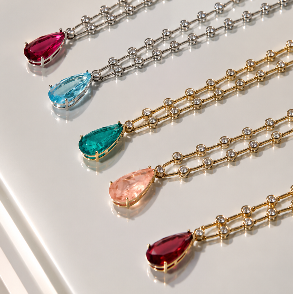 NECKLACE MODERN RIVIERA WITH RUBY RED TEARD DROP CRYSTAL