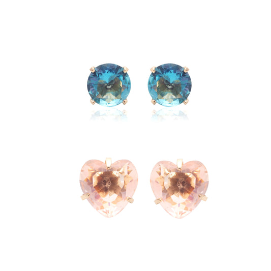 EARRING DUO BLUE HEART 10MM + LIGHT PINK ROUND STUD 7MM