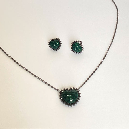 NECKLACE + EARRING SET BLACK RHODIUM GREEN CRYSTALS