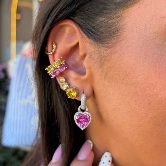 EARRING HOOPS HEART PENDANT PINK CUBIC ZIRCONIA