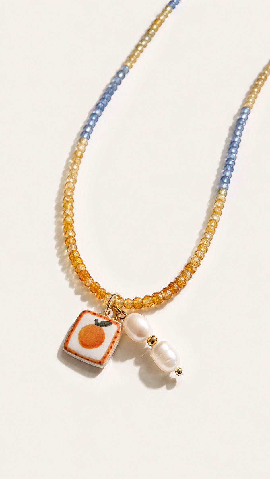 NECKLACE SUMMER FUN BLUE/YELLOW CRYSTAL ORANGE AND PEARLS PENDANTS