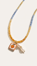 NECKLACE SUMMER FUN BLUE/YELLOW CRYSTAL ORANGE AND PEARLS PENDANTS