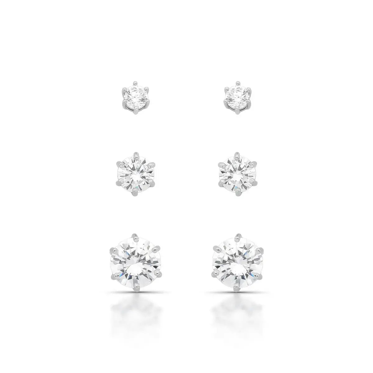 EARRING TRIO STUDS CUBIC ZIRCONIA 8mm 6mm 4mm