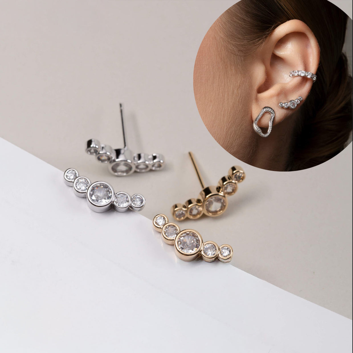 EARRINGS 5 CUBIC ZIRCONIA GEMS