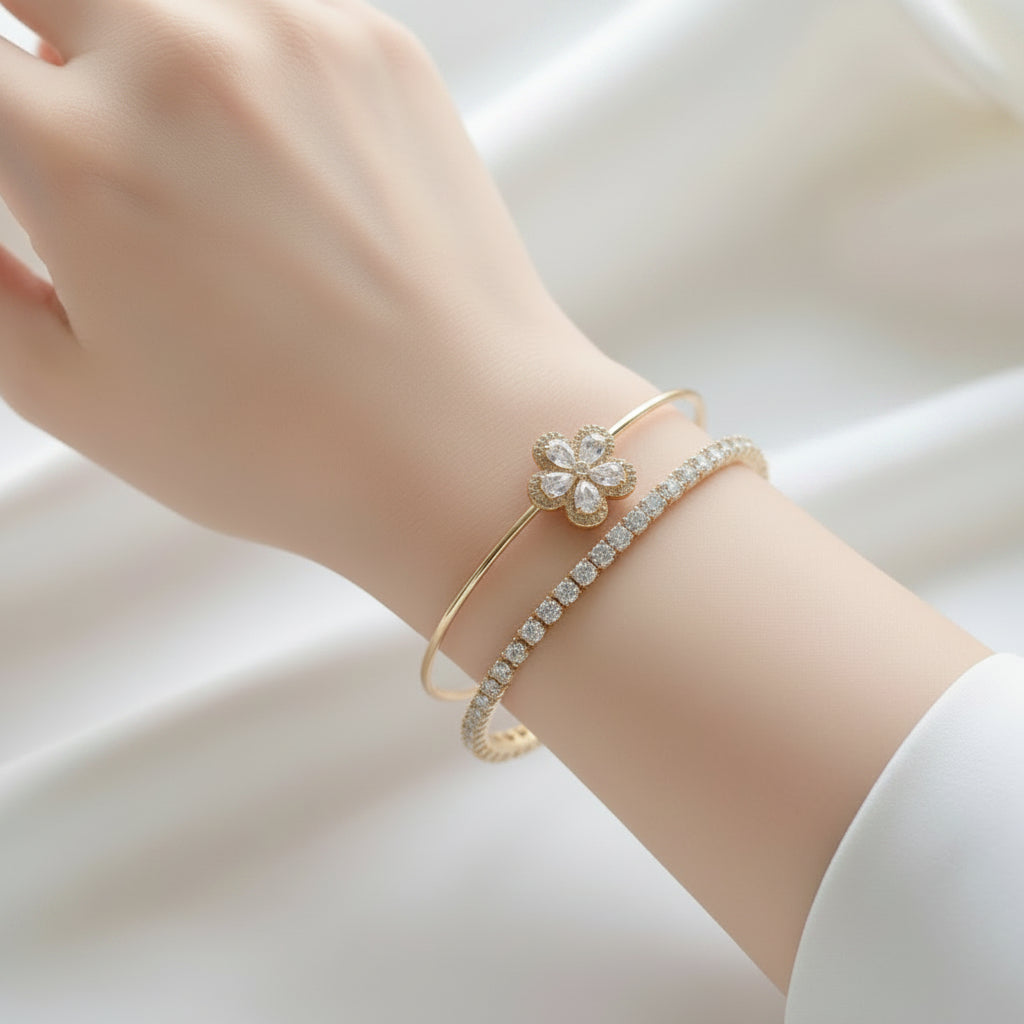 BRACELET DUO BANGLE FLOWER CUBIC ZIRCONIA