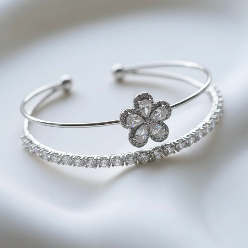 BRACELET DUO BANGLE FLOWER CUBIC ZIRCONIA