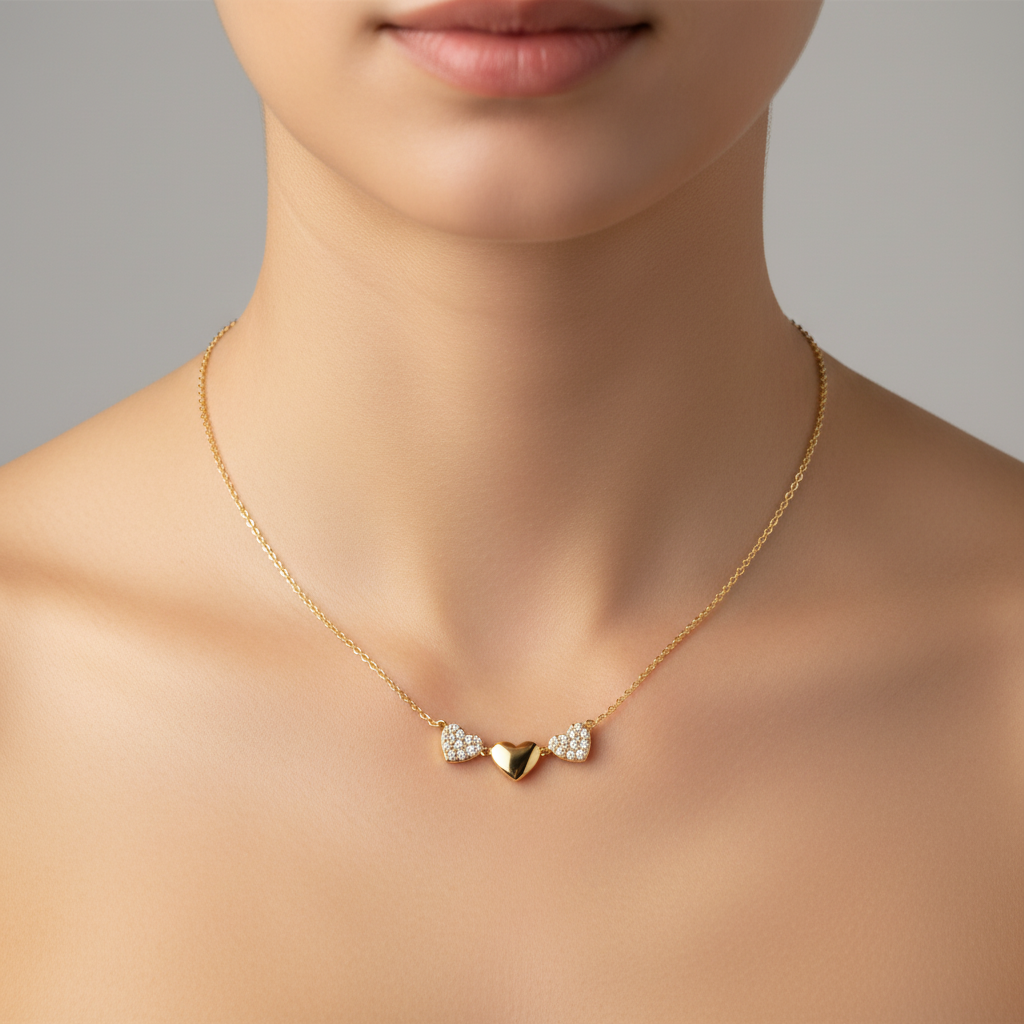 NECKLACE MOISSANITES 3 HEARTS 1.5mm