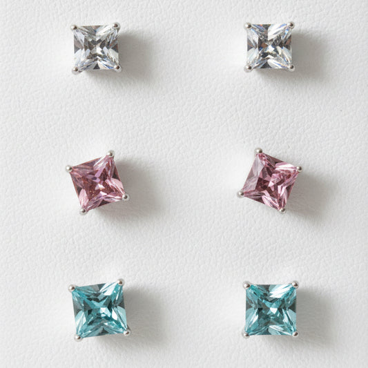 EARRINGS TRIO SQUARES CANDY COLORS CUBIC ZIRCONIA