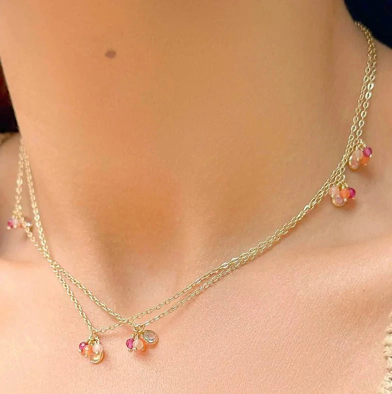 NECKLACE WITH RED/PEACH COLOR NATURAL CRYSTALS 80cm LONG