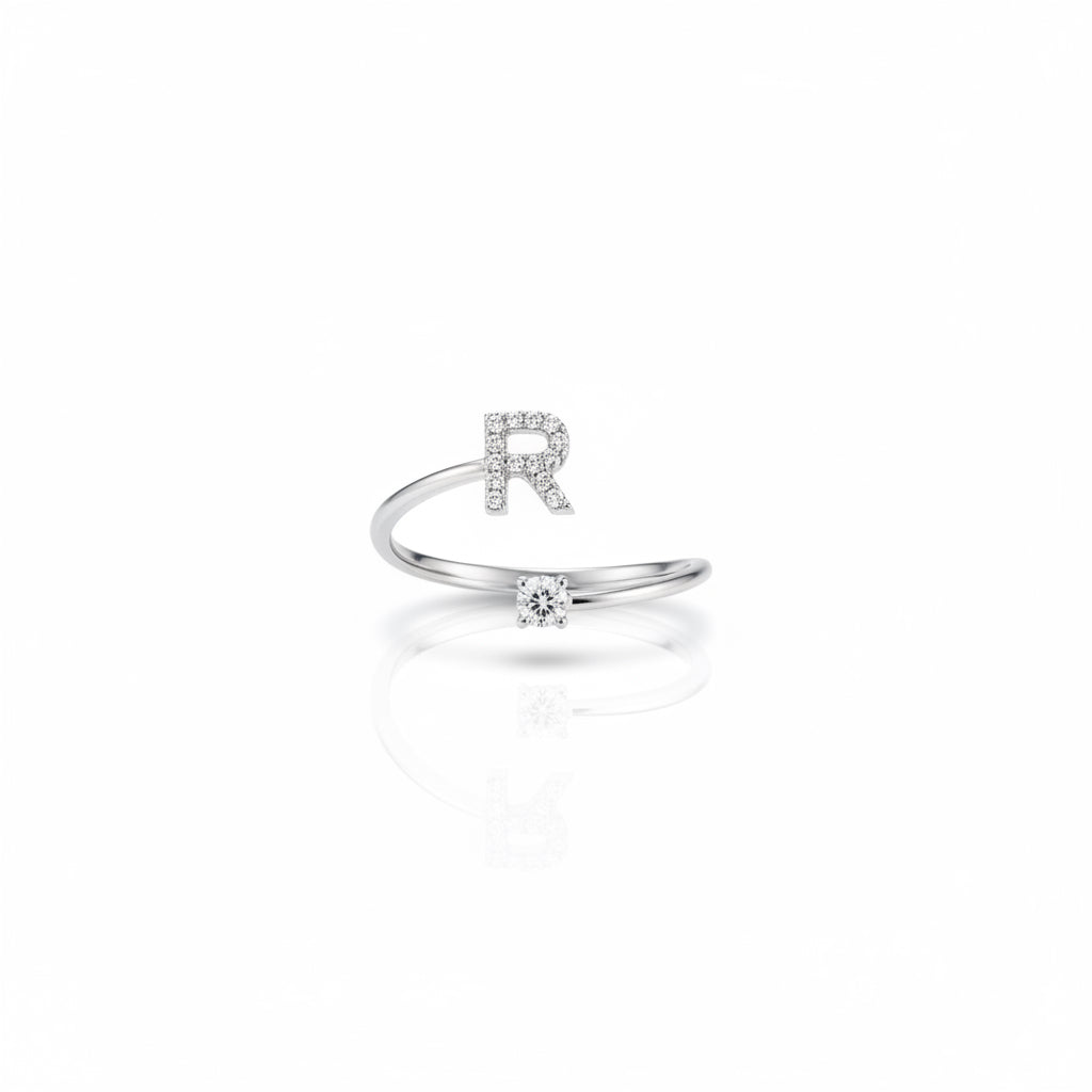 RING INITIAL SILVER 925 CRYSTALS ADJUSTABLE