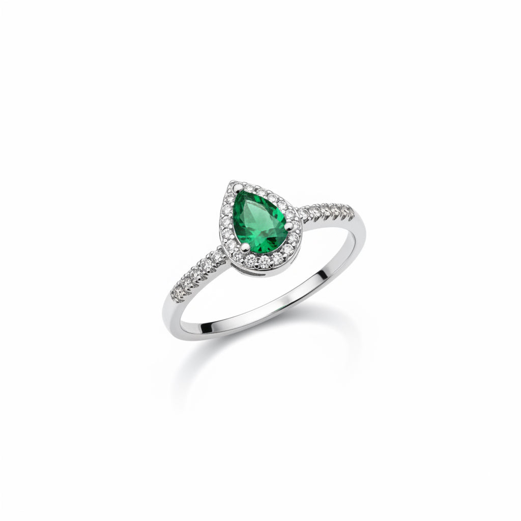 RING TEAR DROP EMERALD GREEN CRYSTAL STUDDED CUBIC ZIRCONIAS
