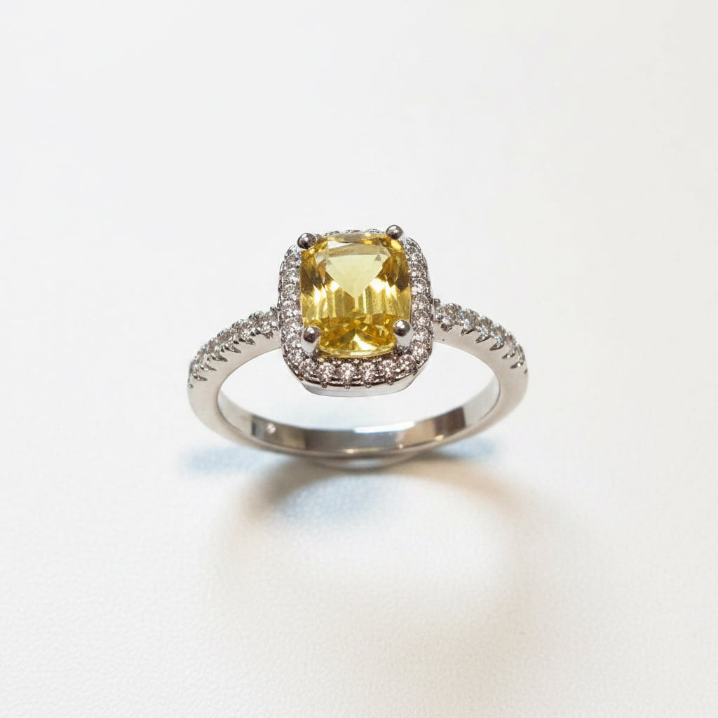 RING YELLOW CITRINE CRYSTAL CUSHION STUDDED CUBIC ZIRCONIAS