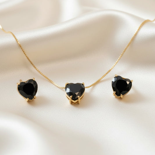 EARRINGS+NECKLACE JEWELRY SET BLACK CRYSTAL HEART