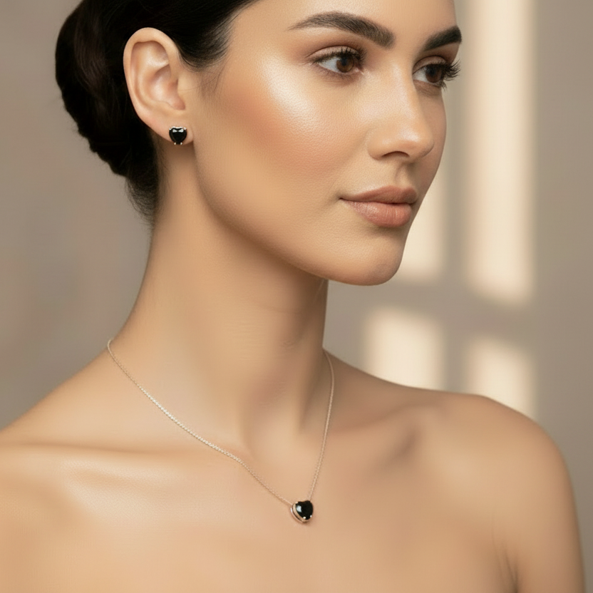 EARRINGS+NECKLACE JEWELRY SET BLACK CRYSTAL HEART