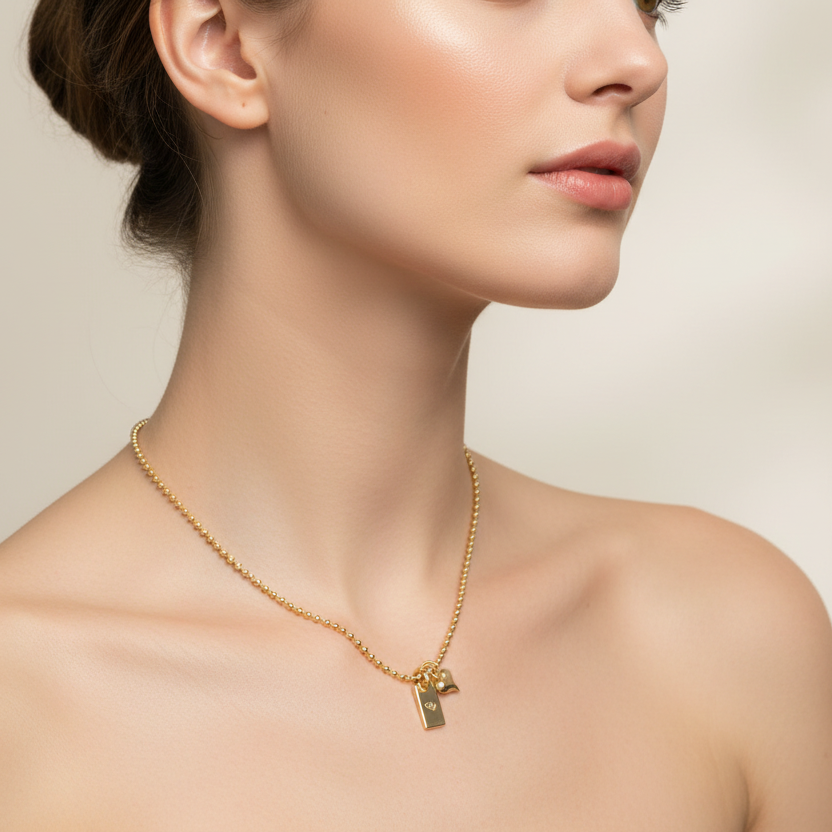 NECKLACE MINI SPHERE HEART AND PLAQUE