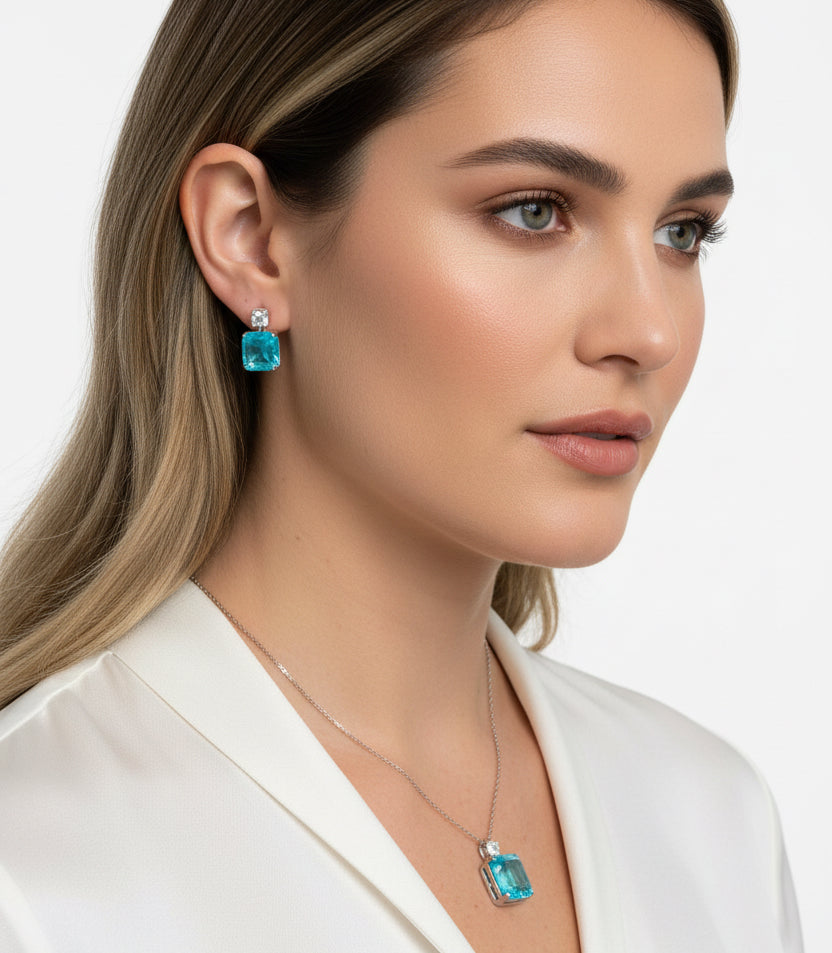 NECKLACE + EARRINGS SET SQUARE BLUE TURQUOISE FUSION CRYSTAL
