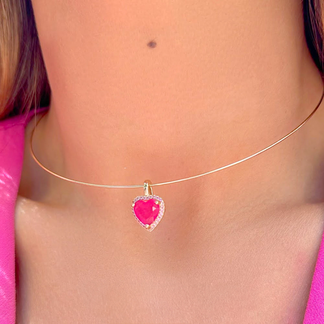 NECKLACE WIRE CHOKER PINK FUSION HEART CRYSTAL