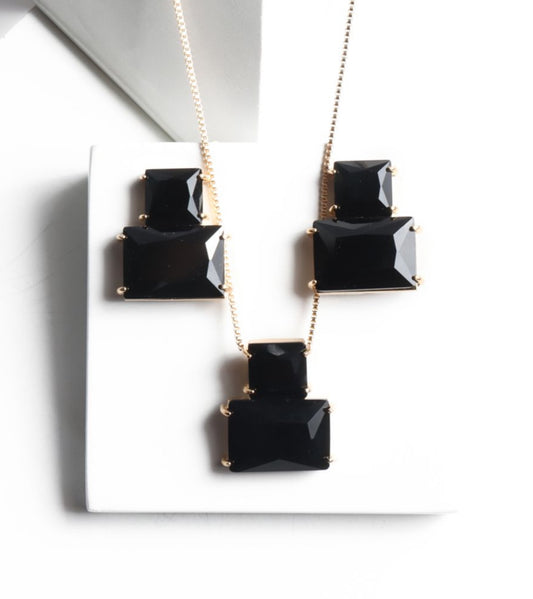 EARRINGS+NECKLACE BLACK ONIX SQUARES