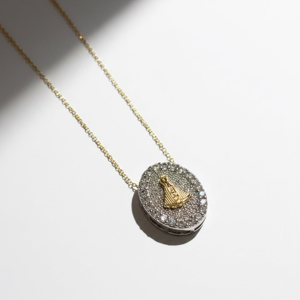 NECKLACE DUO PLATED MEDAL PAVE OUR LADY APARECIDA