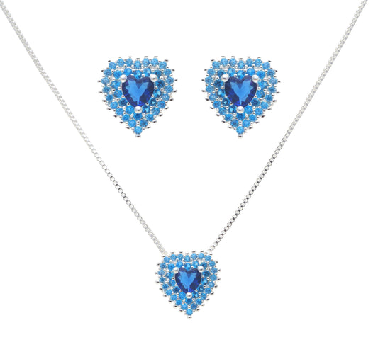 NECKLACE + EARRING SET HEART BLUE SAPPHIRE CRYSTALS