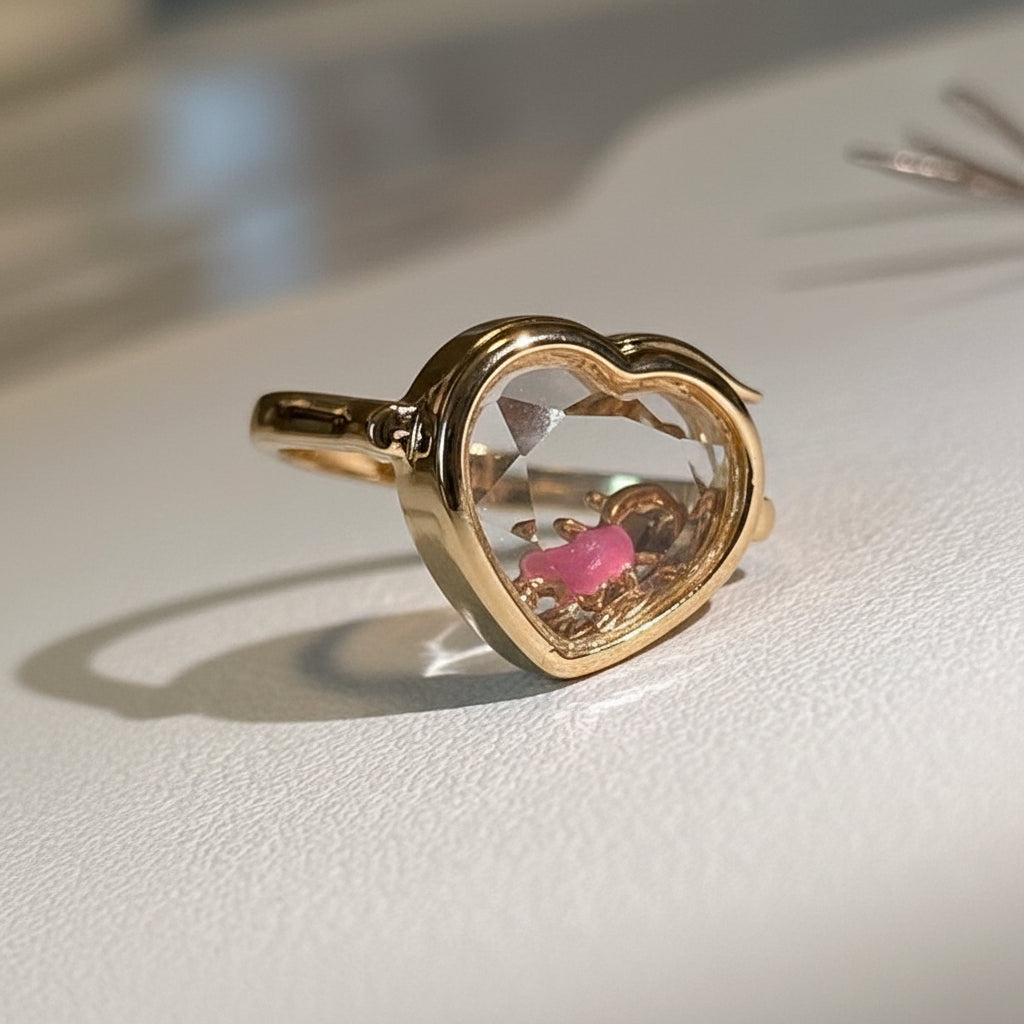 RING HEART GLASS LOCKET ADJUSTABLE