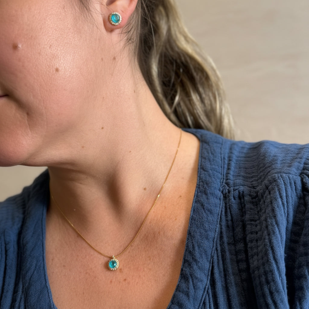 EARRINGS+NECKLACE JEWELRY SET ROUND BLUE CRYSTAL HALO
